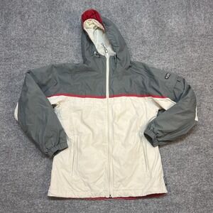 Columbia Packable Windbreaker Jacket Womens Small Gray White Hooded Lightweight